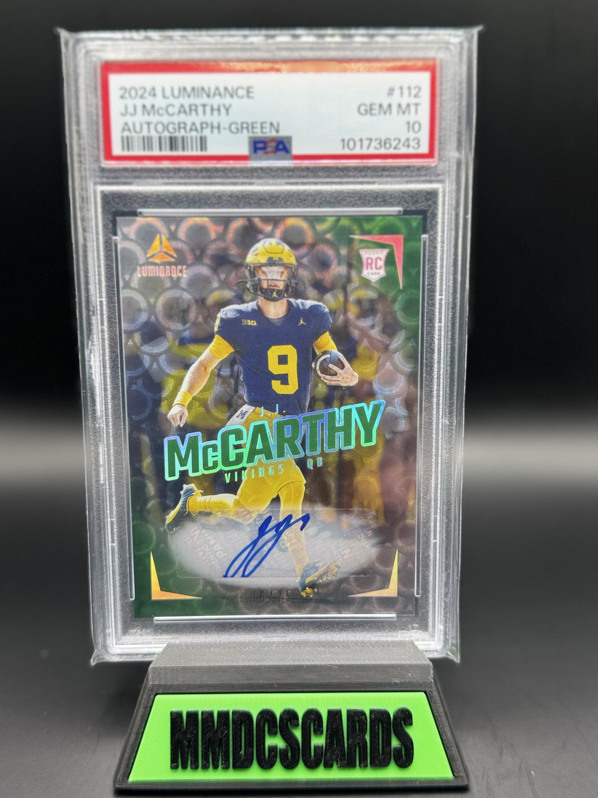 2024 Panini Luminance - Rookies J.J. McCarthy #112 Green Autographs /25 (AU, RC)
